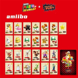 以下が含まれることがあります： 赤色の背景に、スーパーマリオ3DワールドとBowser's Furyのamiiboフィギュアのコレクション。amiiboカードには、マリオ、ピーチ、クッパなどのキャラクターが描かれています。「amiibo」の文字が大きく表示されています。