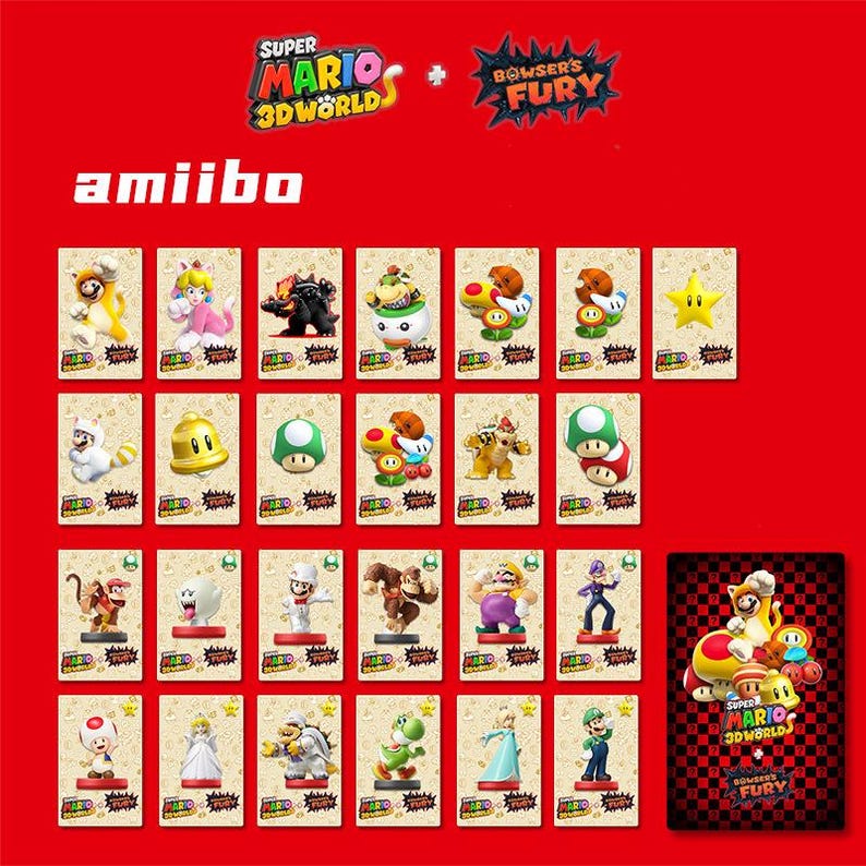 以下が含まれることがあります： 赤色の背景に、スーパーマリオ3DワールドとBowser's Furyのamiiboフィギュアのコレクション。amiiboカードには、マリオ、ピーチ、クッパなどのキャラクターが描かれています。「amiibo」の文字が大きく表示されています。