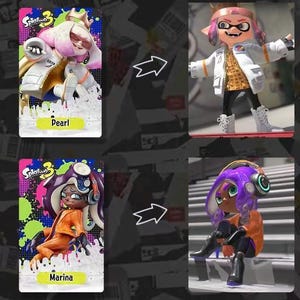 May include: Image featuring two sets of character cards and figures from the video game Splatoon 3. The cards display Pearl and Marina, while the figures depict the characters in detailed outfits. The background is a dark, textured surface.