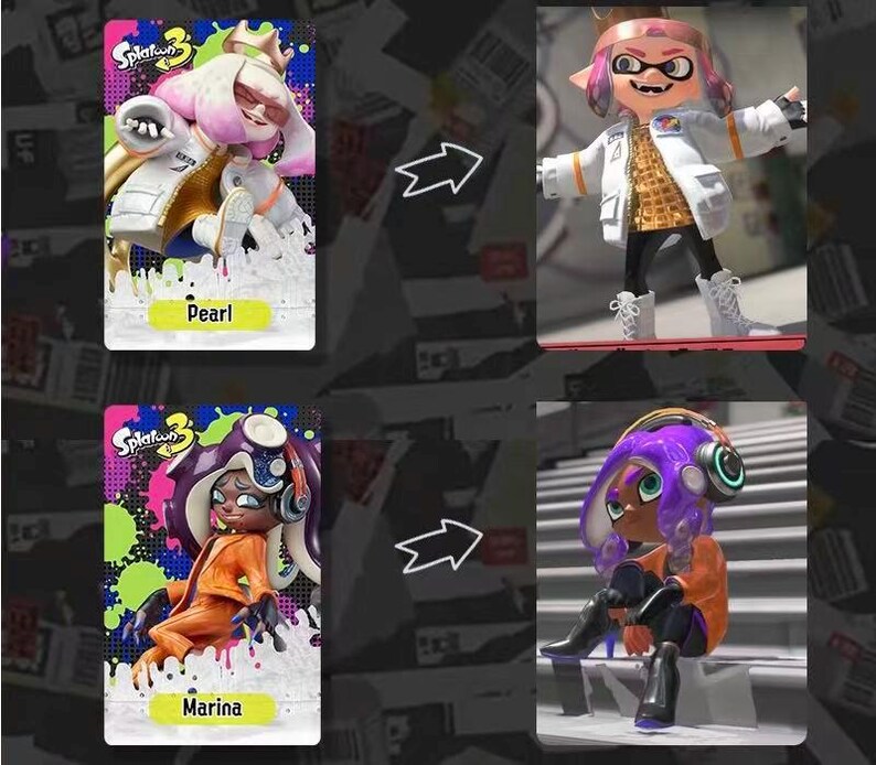 May include: Image featuring two sets of character cards and figures from the video game Splatoon 3. The cards display Pearl and Marina, while the figures depict the characters in detailed outfits. The background is a dark, textured surface.