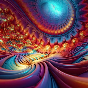 May include: Abstract digital art featuring a swirling, colorful, and intricate pattern of blue, red, orange, and yellow. The pattern resembles a tunnel or a vortex.
