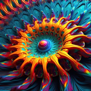 Puede incluir: Arte fractal abstracto con un diseño colorido y en espiral. El centro de la imagen presenta una forma circular brillante de color naranja, amarillo y azul con un círculo más pequeño multicolor en el centro. Los bordes exteriores de la imagen son de un azul profundo con toques de morado y rojo.