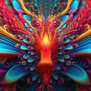 Puede incluir: Arte digital abstracto con un diseño vibrante, colorido y simétrico. El elemento central es una forma naranja brillante que se asemeja a una llama o una flor, rodeada de capas de pétalos azules, rojos y amarillos.