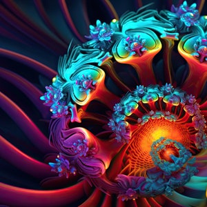 May include: A vibrant, abstract fractal design featuring swirling patterns in shades of red, orange, blue, and purple. The image has a spiral composition with intricate details and a glowing center, creating a visually dynamic and complex artwork.