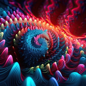 May include: Abstract digital art featuring a swirling, blue, spiky shape surrounded by colorful, wavy, textured shapes in shades of pink, red, yellow, and blue.