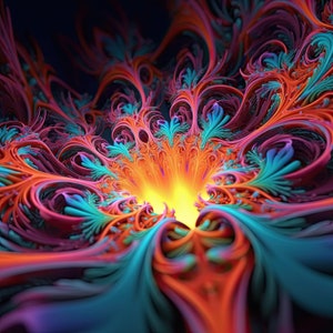 May include: Abstract fractal art with swirling patterns in shades of pink, orange, blue, and yellow. The colors create a sense of depth and movement, with a bright yellow center.