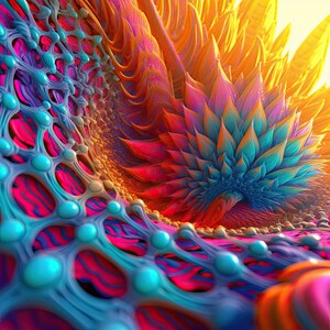 Puede incluir: Arte digital abstracto con una paleta de colores vibrantes. La imagen muestra un diseño complejo y texturizado con una mezcla de tonos rosa, azul, naranja y amarillo. La obra de arte tiene una apariencia tridimensional, con patrones y formas intrincados.
