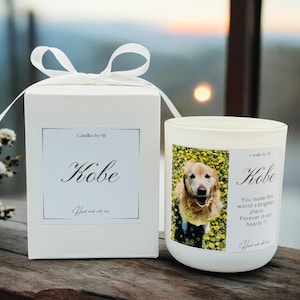 Custom pet memorial candle with pet photo and name  on label, white gift box with satin ribbon finish, sentimental remembrance gift for dog lovers.