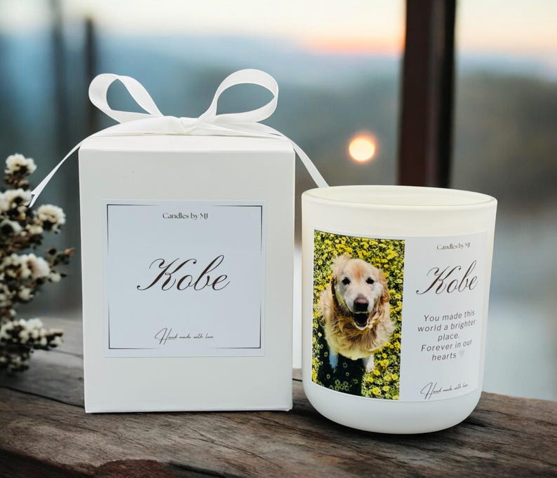 Custom pet memorial candle with pet photo and name  on label, white gift box with satin ribbon finish, sentimental remembrance gift for dog lovers.