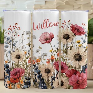 Vaso delgado de acero inoxidable personalizado de 20 oz con tapa y pajita, vaso de café personalizado, flores silvestres, floral bohemio,
