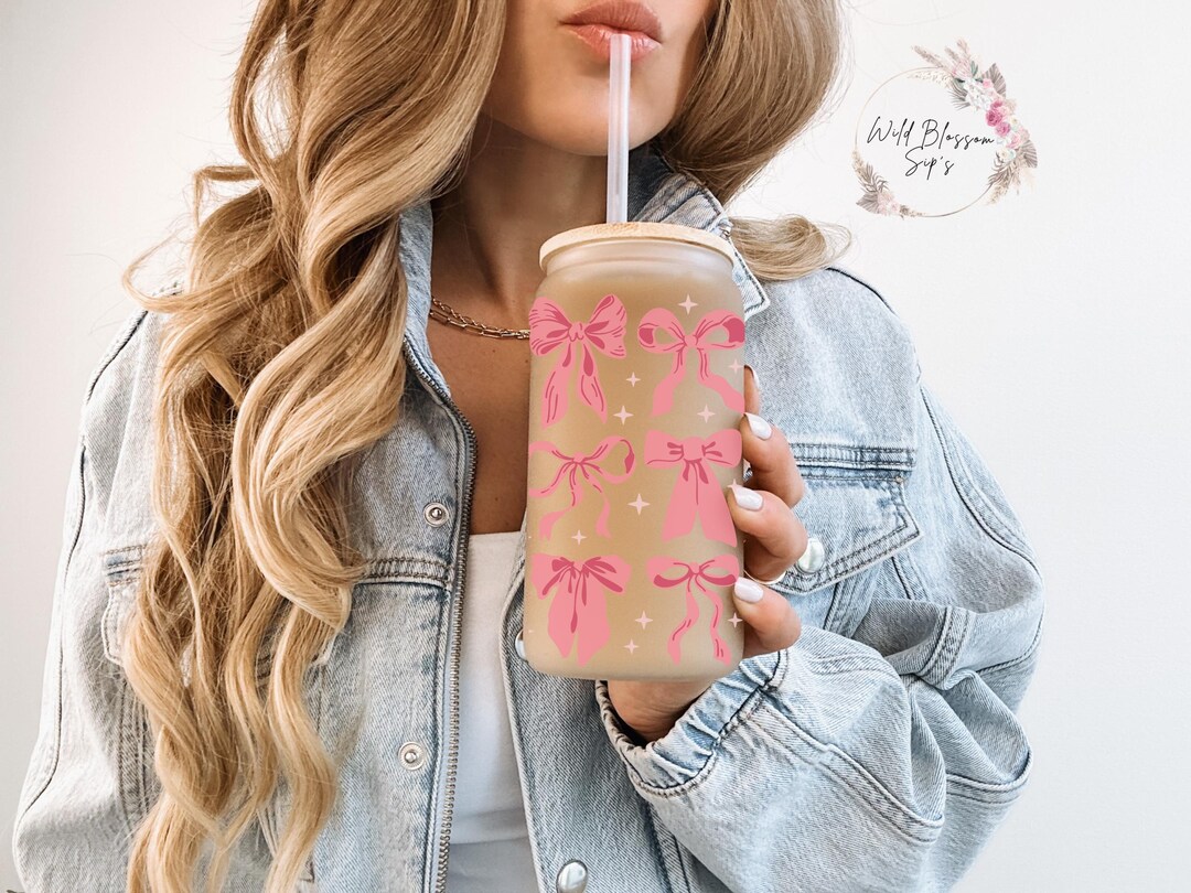 Personalized Glass Tumbler With Bamboo Lid & Straw: Coquette Pink Bows ...