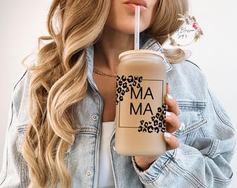 Mama Leopard Glass Tumbler with Bamboo Lid & Straw