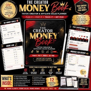 May include: The Creator Money Book digital planner for TikTok creators and affiliate marketers. Includes pages for money goals, hook lab, post performance, and monthly CEO reviews. Features a black and gold design with red accents and a stylus.