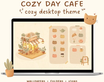 Desktop Wallpaper Organizer + Ordner-Icons für Mac und Windows (png und ico) | Gemütlicher Tag Cat Cafe Desktop Theme