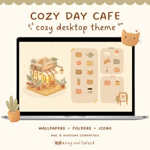 Desktop Wallpaper Organizer + Folder Icons for Mac and Windows (png and ico) | Cozy Day Cat Cafe Desktop Theme