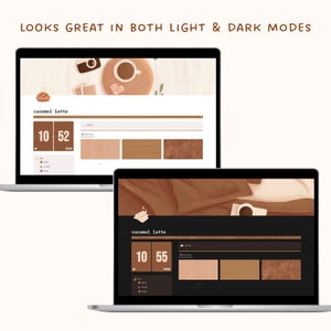 May include: A screenshot of a computer screen showing a website with a light mode and a dark mode. The website has a timer, a list of tasks, and a section for notes. The website is called "caramel latte".