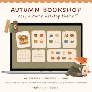 Desktop Wallpaper Organizer 2025-2026 Calendar & Quotes + Folder Icons for Mac and Windows (png and ico)| Cozy Autumn Bookshop Desktop Theme