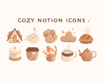 May include: A set of 9 cozy and cute digital illustrations for Notion. The illustrations include a cabin, a book, a cloud, a pie, a candle, a coffee cup, a plant, a mug of hot chocolate, and a teapot. The illustrations are in a warm color palette of brown, beige, and cream.