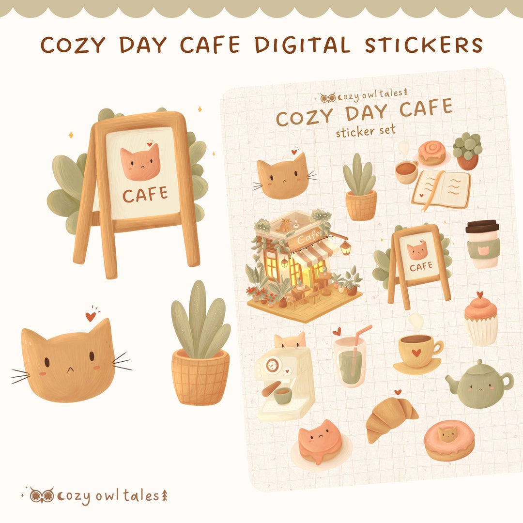 Digital Stickers Set Cozy Day Cat Cafe | Goodnotes Stickers ...