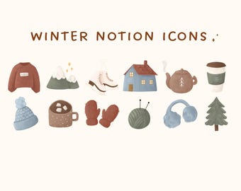 May include: A set of 10 winter-themed digital illustrations for Notion. The illustrations include a house, a cup of hot chocolate, a pair of mittens, a ball of yarn, a pair of earmuffs, a Christmas tree, a cup of coffee, a teapot, a pair of ice skates, and a mountain range.