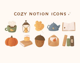May include: A set of nine cozy fall-themed icons for Notion, including a cup of coffee, a lantern, a leaf, a teapot, an open book, a pumpkin, a candle, an acorn, and a stack of books. The icons are illustrated in a soft, watercolor style.