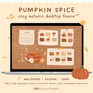 Organizzatore di sfondi per desktop autunnali 2025-202 Calendario + icone di cartelle per Mac e Windows (png e ico) / Tema desktop Pumpkin Spice Cozy