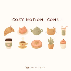 May include: A set of 10 cute and cosy digital illustrations for Notion. The illustrations include a croissant, a cat, a teapot, a cat head, a glass of juice, a coffee cup, a teacup, a donut, a potted plant, and a cupcake.