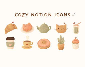 May include: A set of 10 cute and cozy digital illustrations for Notion. The illustrations include a croissant, a cat, a teapot, a cat head, a glass of juice, a coffee cup, a teacup, a donut, a potted plant, and a cupcake.