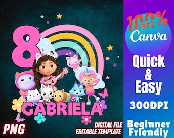 Gabbys Dollhouse Canva Template PNG Editable Birthday Pandy Paws MerCat Cakey Kids T-Shirt Craft