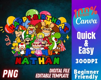 Super Mario födelsedagströja sublimering Canva gratis redigerbar mall digital fil nedladdning PNG