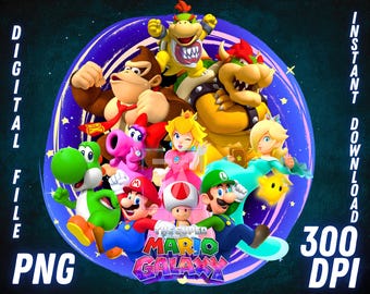 Super Mario Galaxy PNG Luigi Yoshi Bowser Peach TShirt Sublimation Design Instant Download