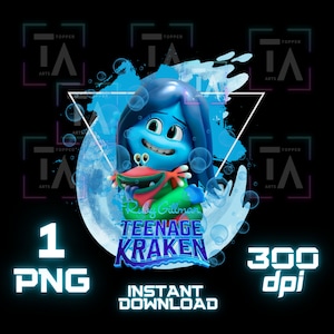 Pode incluir: Uma ilustração digital de um personagem azul com cabelo azul comprido segurando um personagem vermelho e verde. O fundo é um efeito de aquarela azul e branco com o texto "Ruby Gillman Teenage Kraken" e "Download instantâneo".