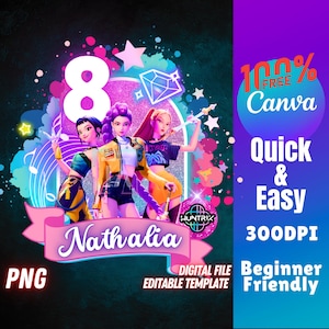 Peut inclure: Fichier PNG numérique avec une illustration de trois personnages animés, un grand chiffre 8 et le nom "Nathalia" sur une bannière. Le design comprend le texte "100% FREE Canva", "Quick & Easy", "300DPI" et "Beginner Friendly".
