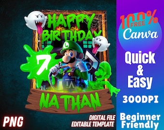 Luigi Mansion Birthday PNG Canva Template Bday Clipart Editable Party Sublimation Boys