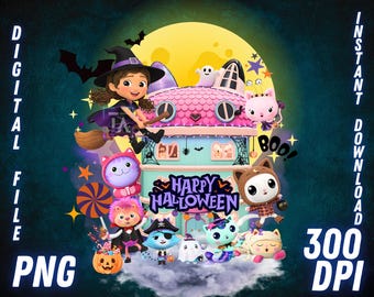 Gabby's Dollhouse Halloween PNG Sublimation Pandy Paws MerCat Cakey Kids T-Shirt Spooky Craft