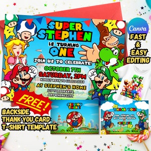 Bearbeitbare Super Mario Geburtstagseinladungskarte Danke Kartenvorlage Sofortiger Bilddownload Druckbares Shirt Sublimation Digitale Datei Party