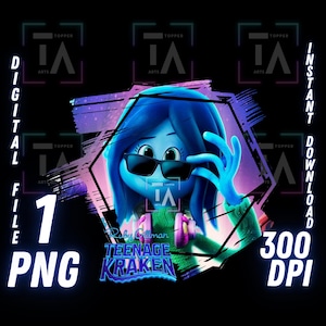 Può includere: File digitale con un personaggio dei cartoni animati con i capelli blu e occhiali da sole, dal film "Ruby Gillman, Teenage Kraken". L'immagine include il testo "DIGITAL FILE 1 PNG 300 DPI" su sfondo nero.
