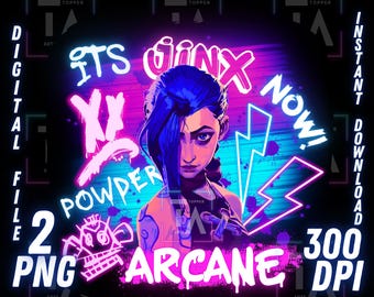 May include: A digital illustration of Jinx from the animated series Arcane. The image features Jinx in a neon pink and blue color scheme with the text "ITS JINX NOW!" and "POWDER" in a graffiti style.