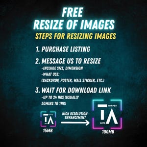 May include: Image detailing image resizing steps. Text reads: "FREE RESIZE OF IMAGES." Instructions include purchasing, messaging with size details, and waiting for a download link. The image shows a file size increase from 15MB to 100MB with high-resolution enhancement.