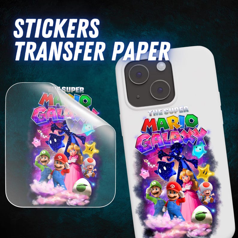 May include: White phone case and sticker featuring a colourful graphic from "The Super Mario Galaxy" video game. The sticker is peeling away, revealing the design. The text "STICKERS TRANSFER PAPER" is at the top.