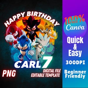 Sonic Birthday PNG, Sonic 3 Bday Template Sonic Canva Template Tee Shirt Shadow Birthday Transparent Image Team Sonic Png digital file