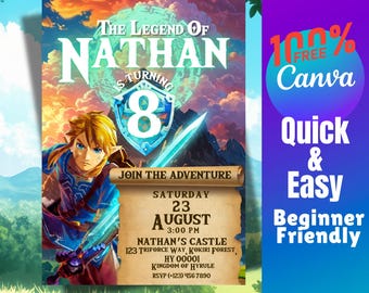 Legend of Zelda Birthday Invitation Card Canva Free Template Digital File Download