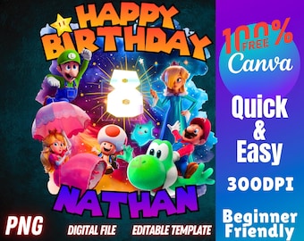 Super Mario Galaxy Birthday Canva Template PNG  Bday TShirt Design Clipart Party Sublimation boys
