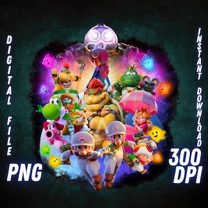 Op de afbeelding: Een digitaal bestand met een levendige illustratie van verschillende personages uit een populaire videogamefranchise. De afbeelding bevat de tekst "DIGITAL FILE", "PNG", "INSTANT DOWNLOAD" en "300 DPI". De personages staan tegen een donkere achtergrond.