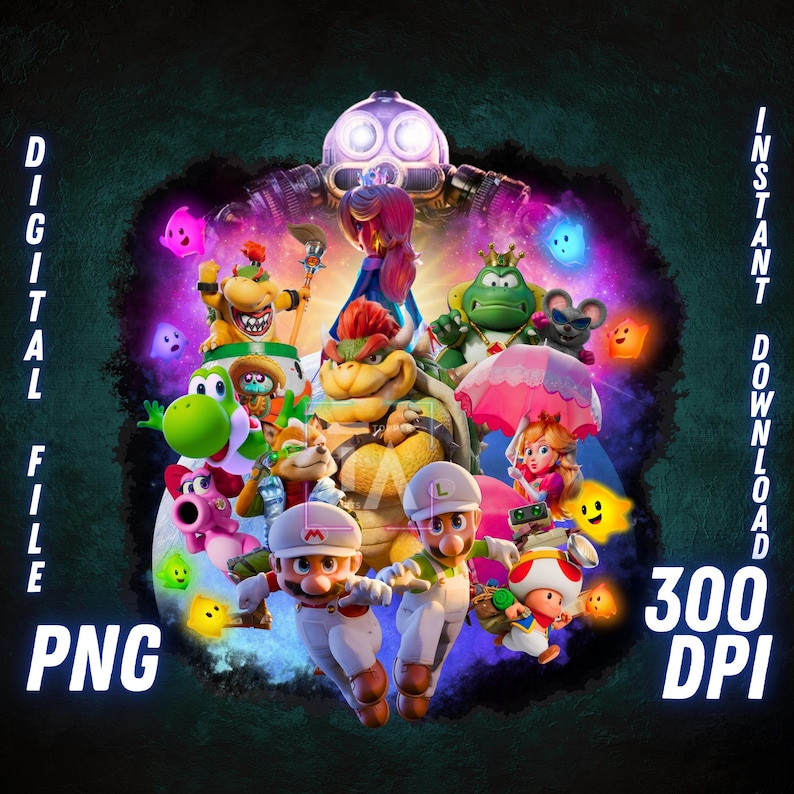 Op de afbeelding: Een digitaal bestand met een levendige illustratie van verschillende personages uit een populaire videogamefranchise. De afbeelding bevat de tekst "DIGITAL FILE", "PNG", "INSTANT DOWNLOAD" en "300 DPI". De personages staan tegen een donkere achtergrond.