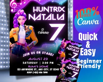 Kpop Demon Hunters Birthday Invitation Canva Template, Huntrix Party Invite Girls, Editable PNG