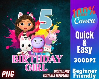 Gabbys Dollhouse PNG Birthday Editable Template Pandy Paws MerCat Cakey For Kids