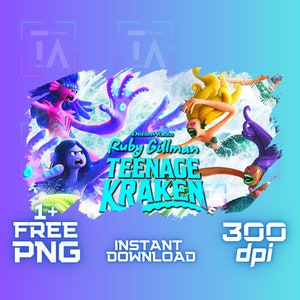 Pode incluir: Imagem promocional do filme "Ruby Gillman, Teenage Kraken" da DreamWorks. Apresenta ilustrações estilizadas de personagens kraken em tons de azul, rosa e amarelo, com o título do filme em destaque. Texto adicional: "1+ FREE PNG", "DOWNLOAD INSTANTÂNEO" e "300 dpi".