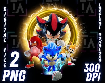 May include: A digital illustration of Sonic the Hedgehog, Shadow the Hedgehog, Knuckles the Echidna, and Tails the Fox. The characters are posed in a dynamic action pose with a golden ring behind them. The background is black with a yellow glow around the characters.