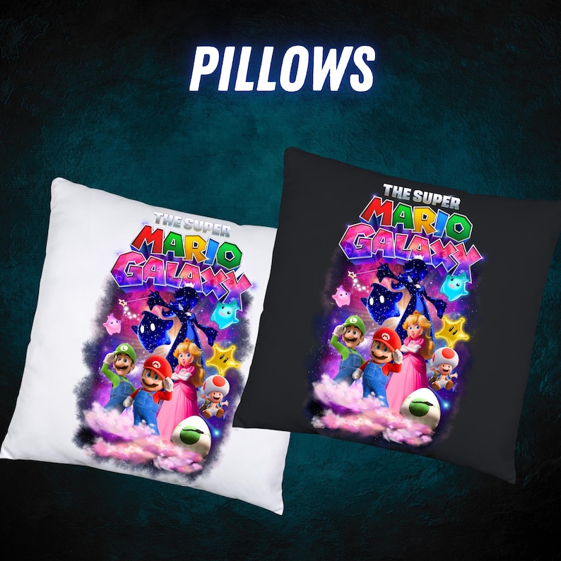 May include: Two square pillows, one white and one black, with a colourful graphic from "The Super Mario Galaxy." The pillows show Mario, Luigi, Princess Peach, and other characters. The word "PILLOWS" is at the top.